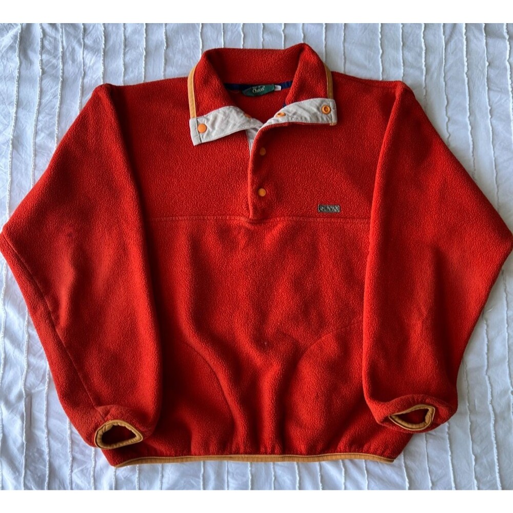 Vintage Orvis 3-Snap Fleece Pullover Jacket Orange Red USA Made Small Outdoor